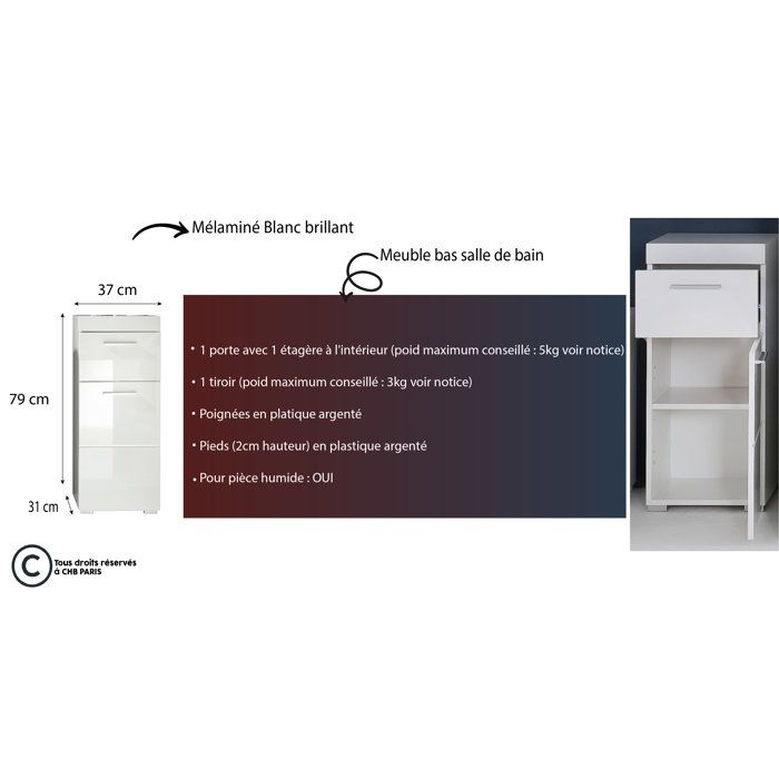 AMANDA Bathroom Base Cabinet, 1 Door and 1 Drawer, L37 x D31 x H79 cm, White, TRENDTEAM — 4