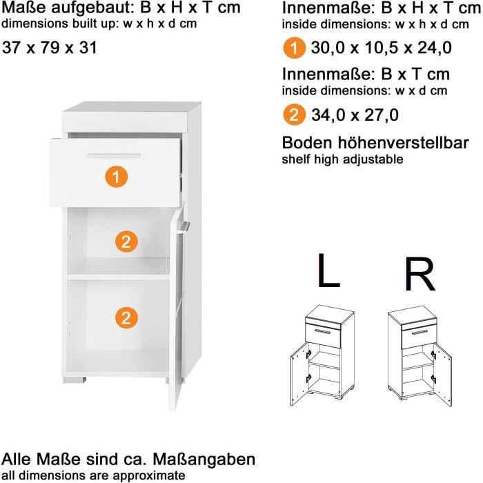 AMANDA Bathroom Base Cabinet, 1 Door and 1 Drawer, L37 x D31 x H79 cm, White, TRENDTEAM — 6