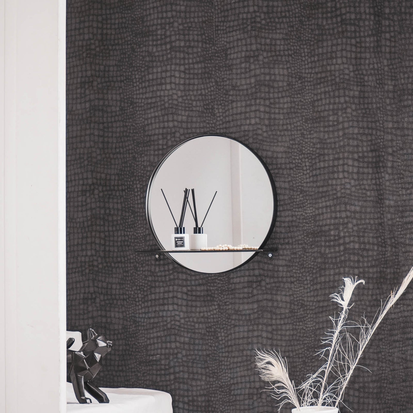Mirror, Round, Metal, With Shelf, Black, Ø40cm — 5