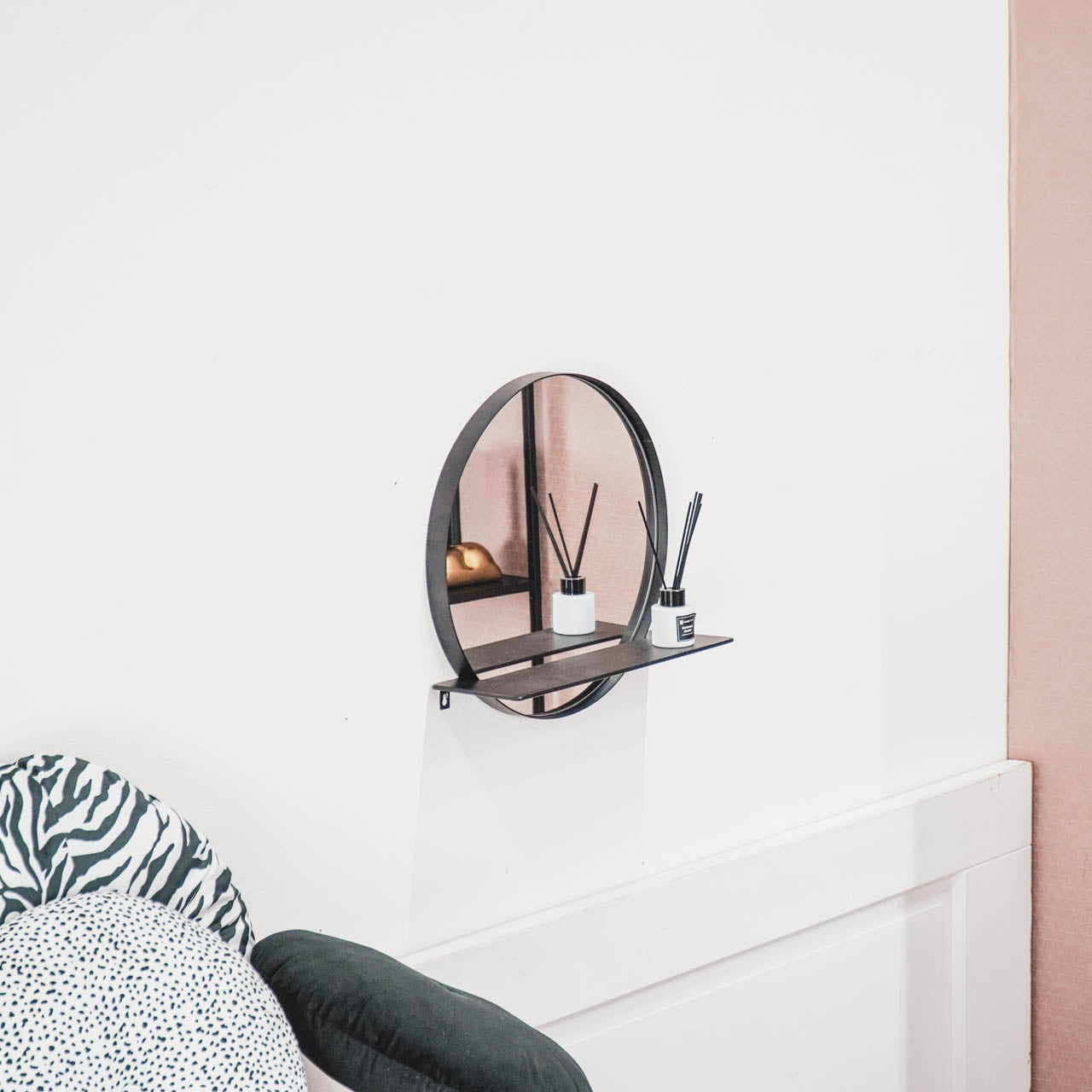 Mirror, Round, Metal, With Shelf, Black, Ø40cm — 6