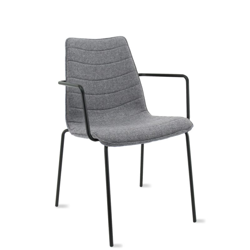 Workliving Verona Dining / Conference Chair with Armrests, Wool Felt Fenice 602 Mid Grey, Black Frame