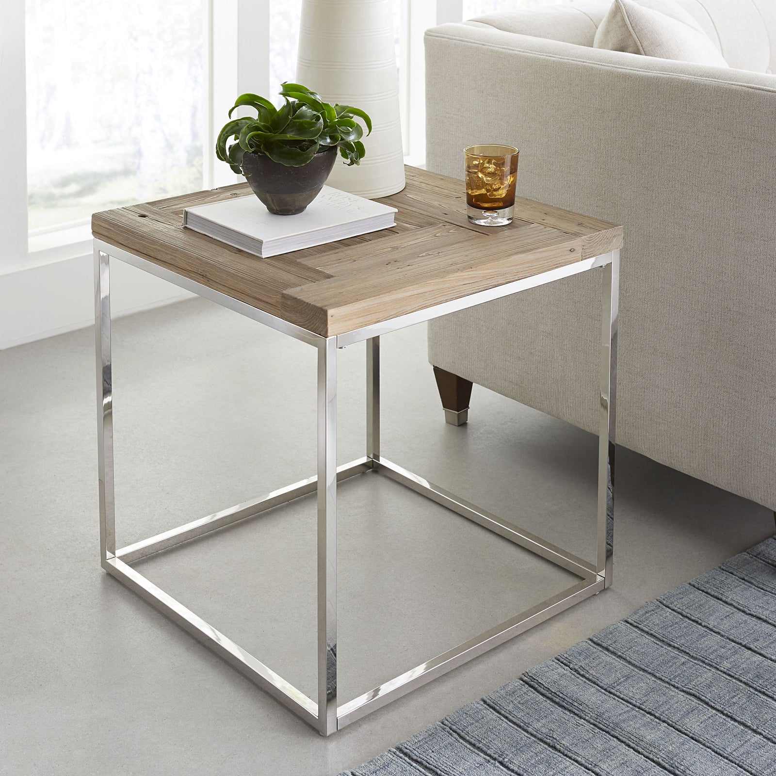 Ace Reclaimed Fir and Polished Stainless Steel End Table