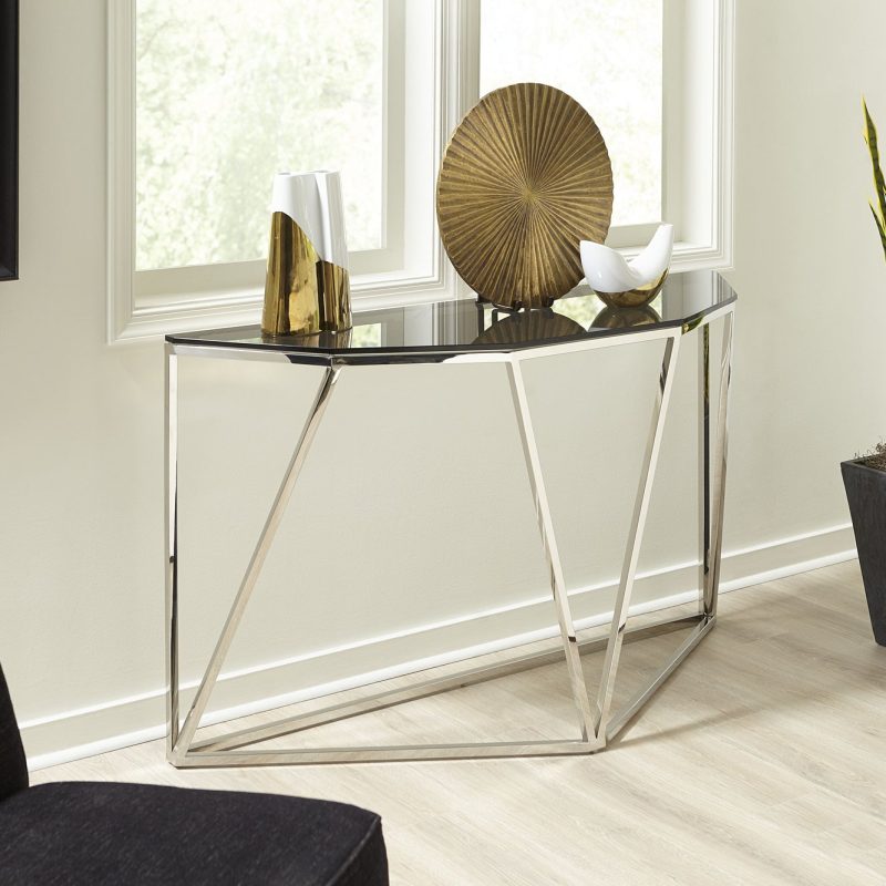 Aria Smoked Glass and Polished Stainless Steel Console Table