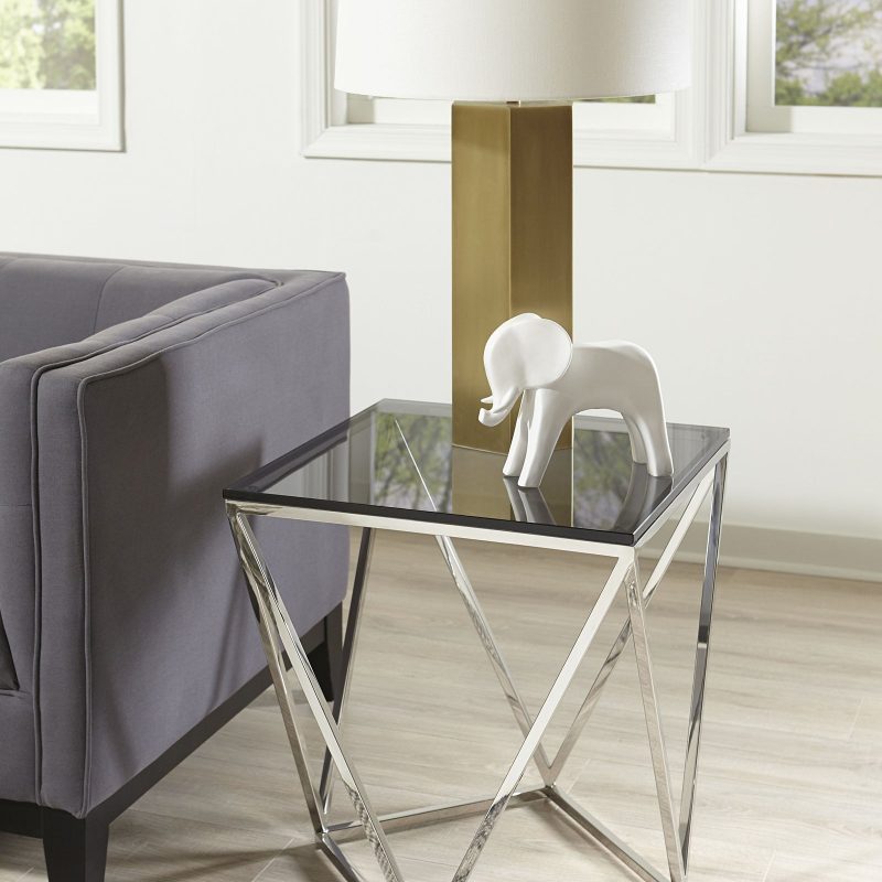 Aria Smoked Glass and Polished Stainless Steel End Table
