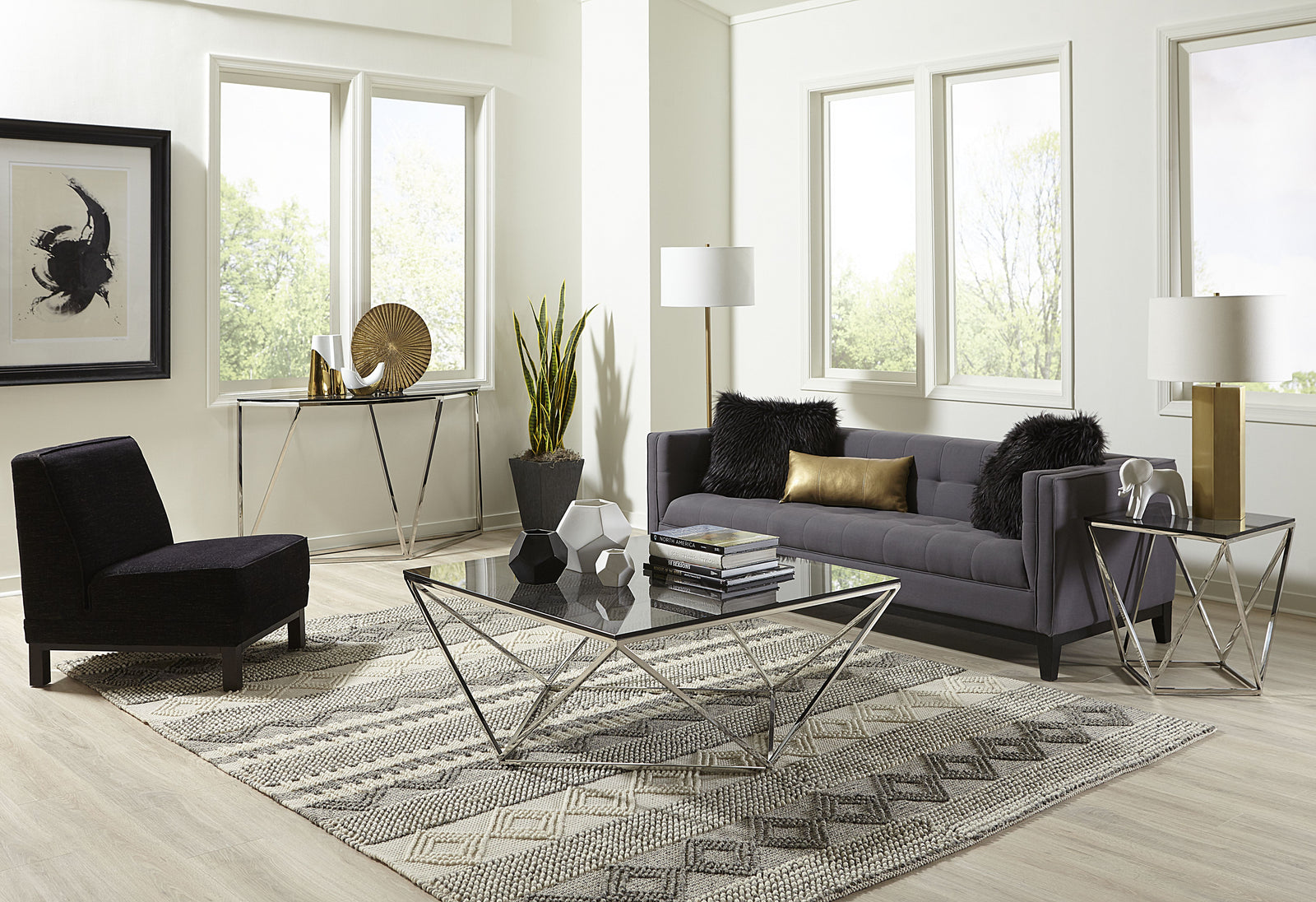 Aria Smoked Glass and Polished Stainless Steel End Table — 5