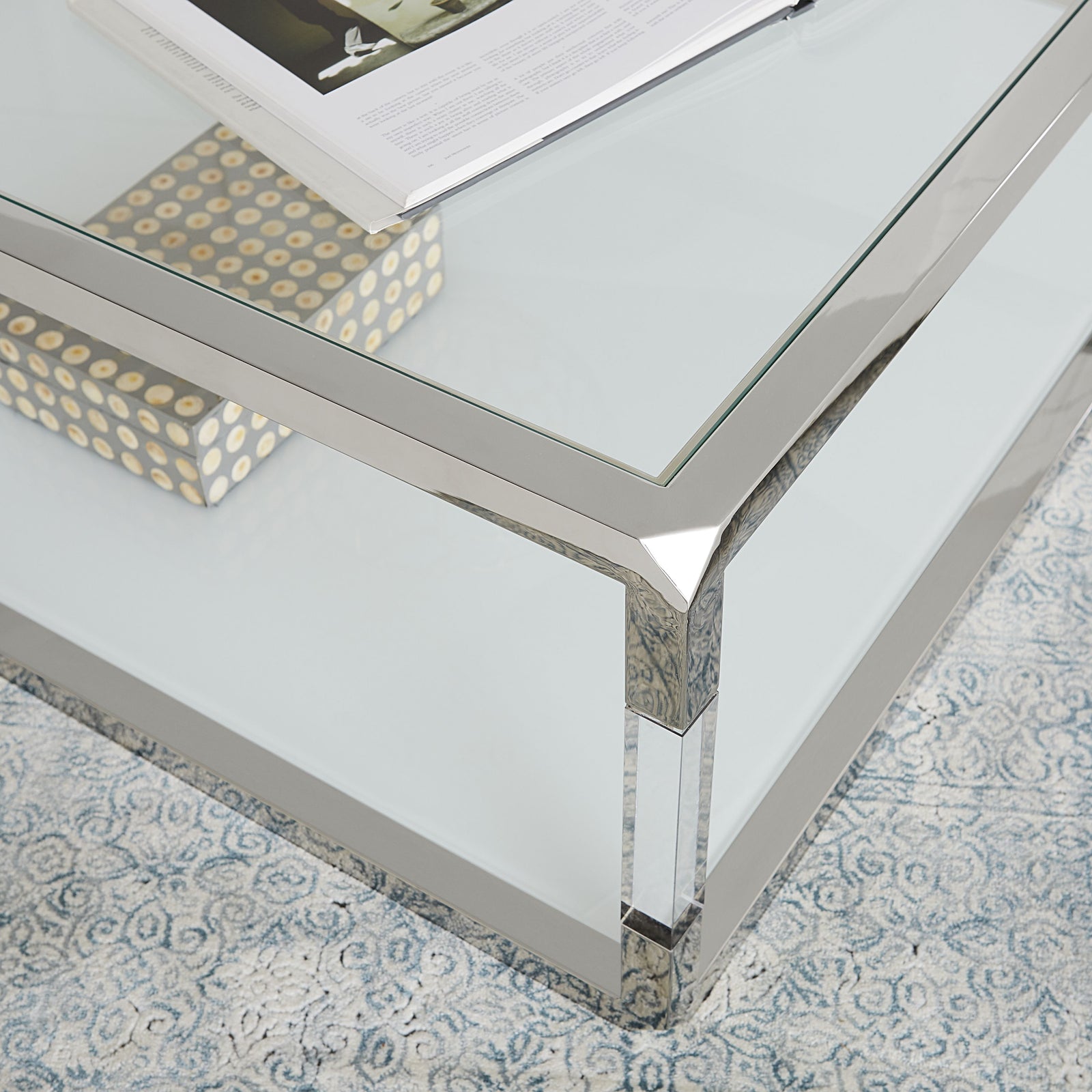 Jasper Console Table in Acrylic, White Glass and Polished Stainless Steel — 4