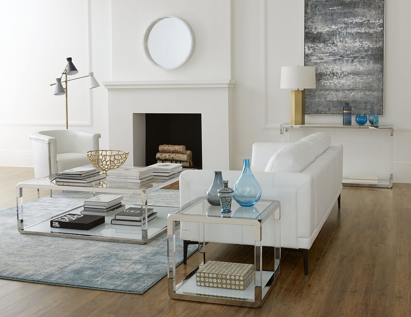 Jasper Console Table in Acrylic, White Glass and Polished Stainless Steel — 5