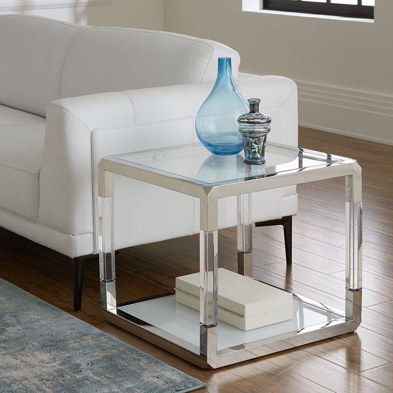 Jasper End Table in Acrylic, White Glass and Polished Stainless Steel
