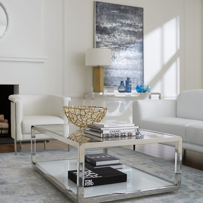 Jasper Rectangle Coffee Table in Acrylic, White Glass and Polished Stainless Steel
