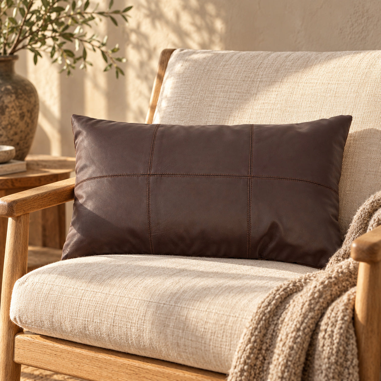 The Six Panel Leather Cushion Cover, Choco, 30x50 — 2