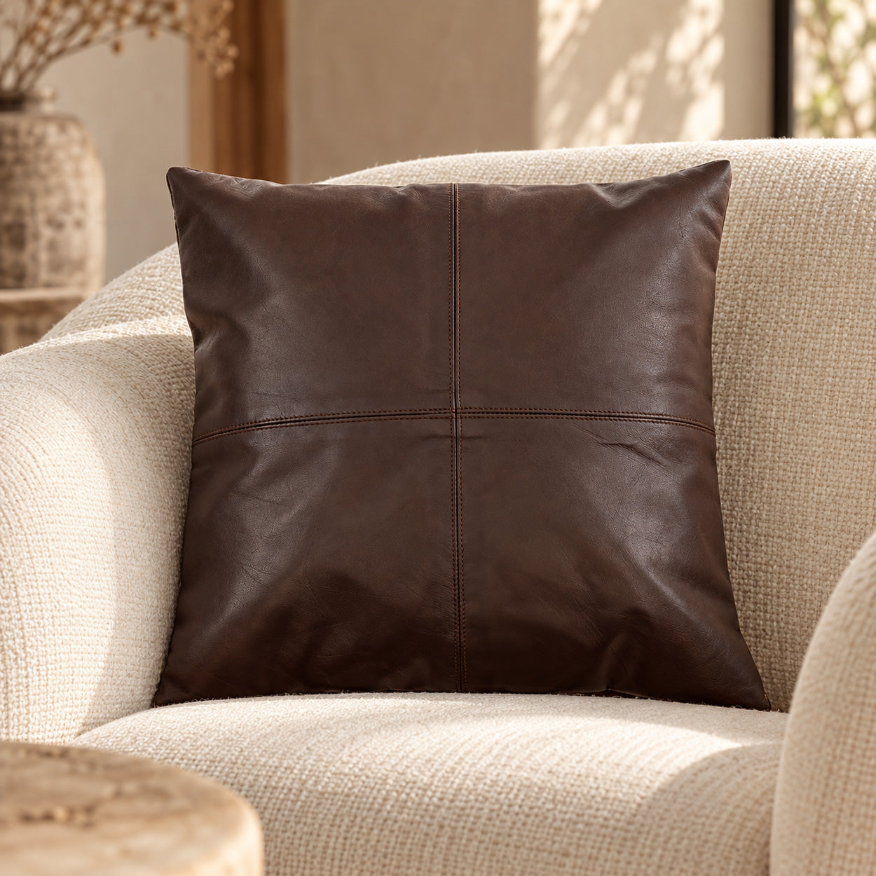 The Four Panel Leather Cushion Cover, Choco, 40x40 — 2