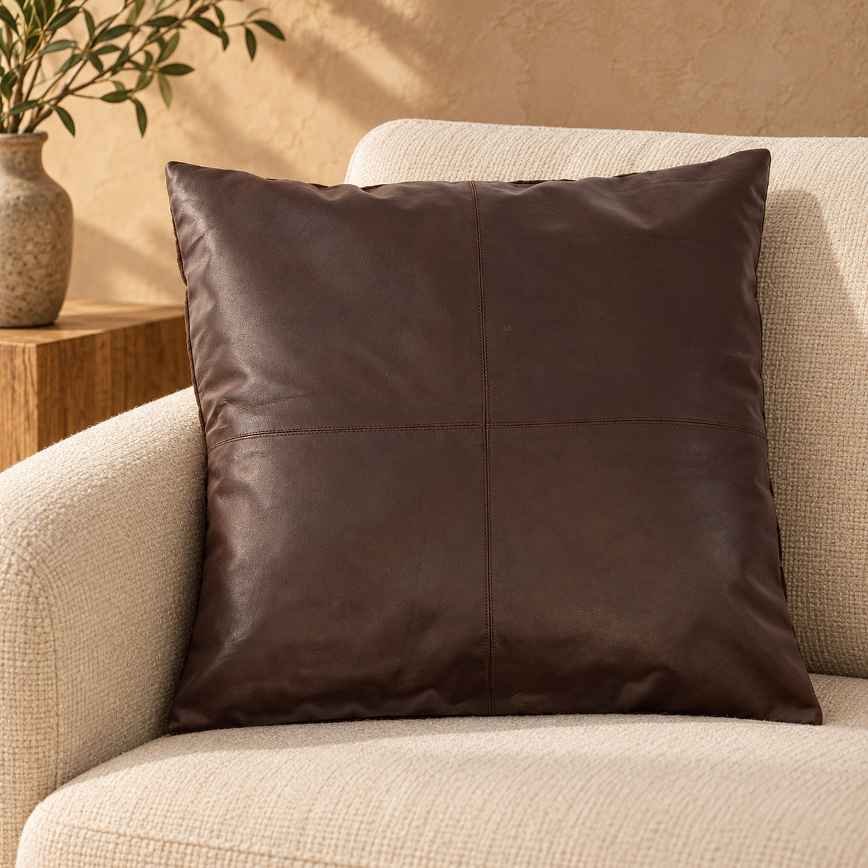 The Four Panel Leather Cushion Cover, Choco, 60x60 — 2